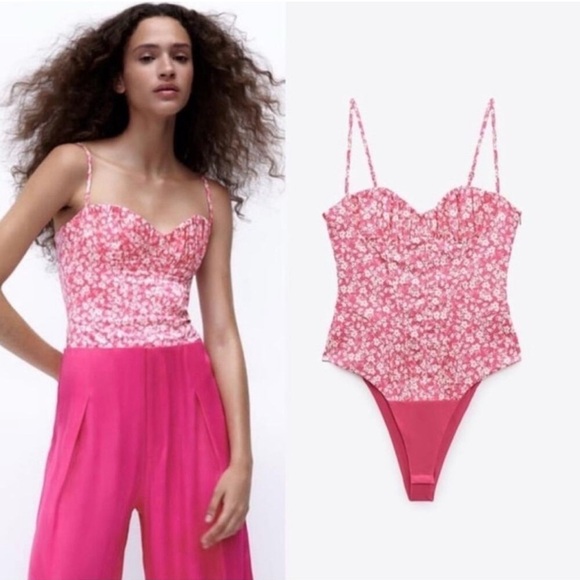 Zara Pink and White Floral Print Corset Style Barbiecore Bodysuit Size Small - Picture 1 of 12
